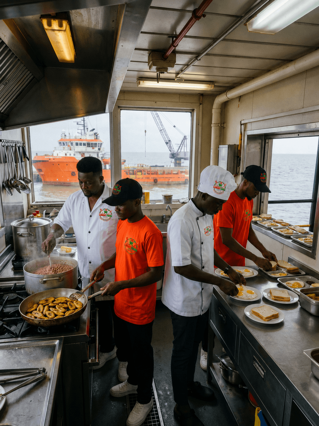 Labake Foods kitchen team at work in an offshore galley
