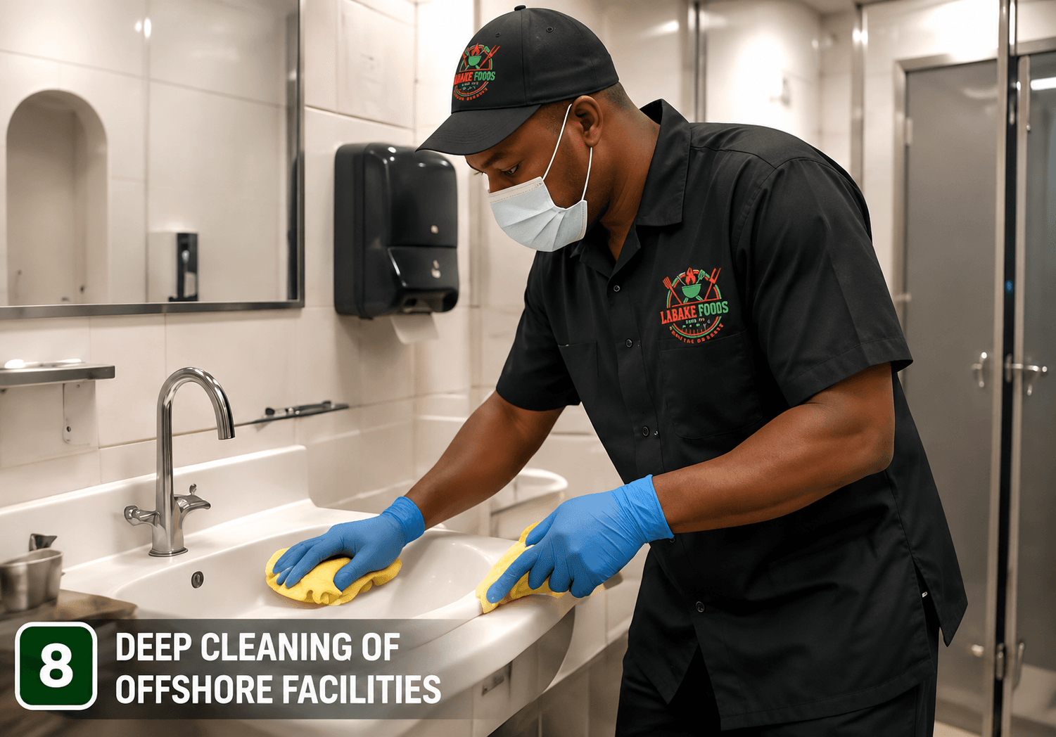 A Labake Foods cleaner servicing accommodation on a rig