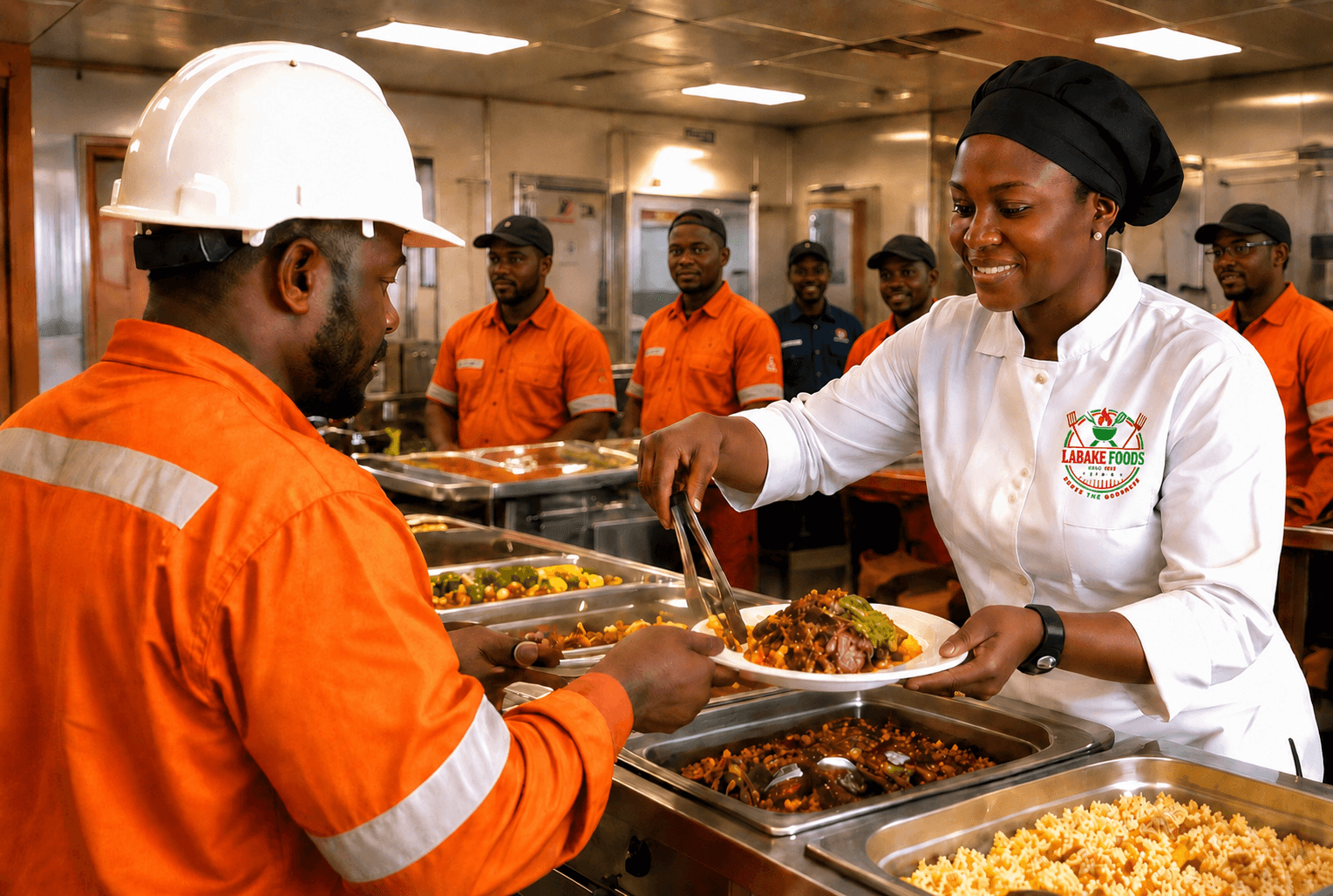 A Labake Foods chef serving food in a galley