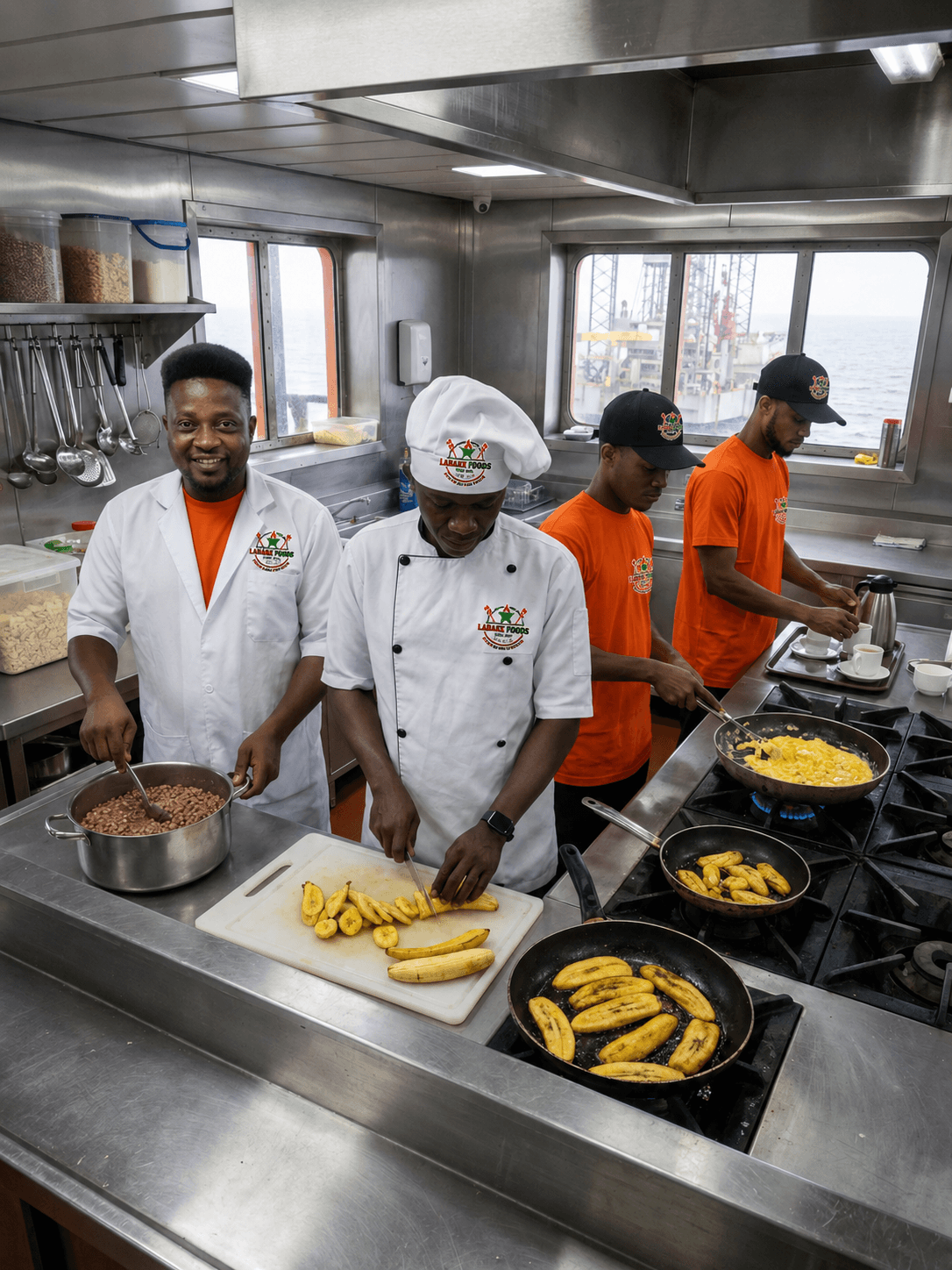 Labake Foods chefs and galley crew preparing a meal service in an offshore kitchen, with a drilling rig visible through the window