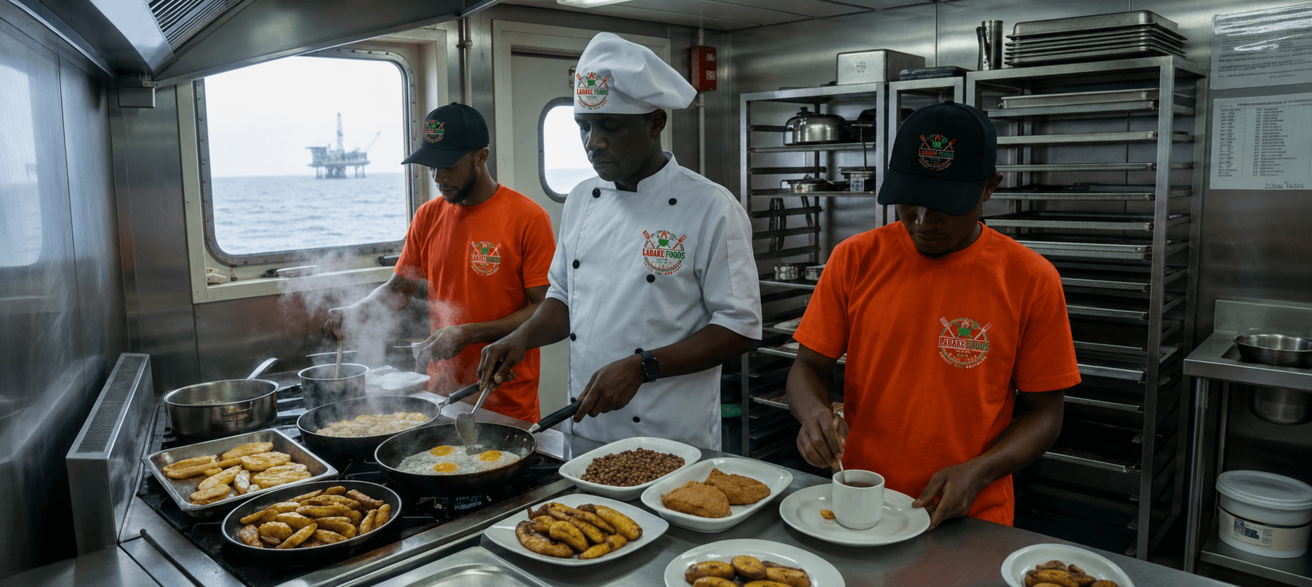 Labake Foods kitchen team preparing breakfast service in an offshore galley