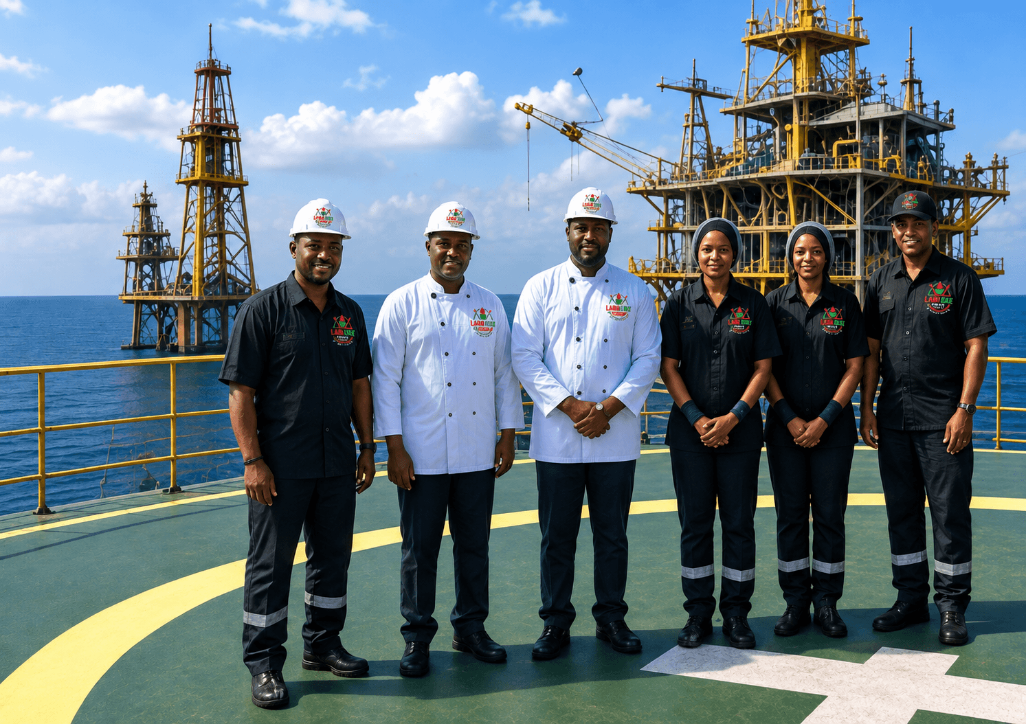 The Labake Foods offshore crew — chefs, stewards and camp staff — on a platform helideck