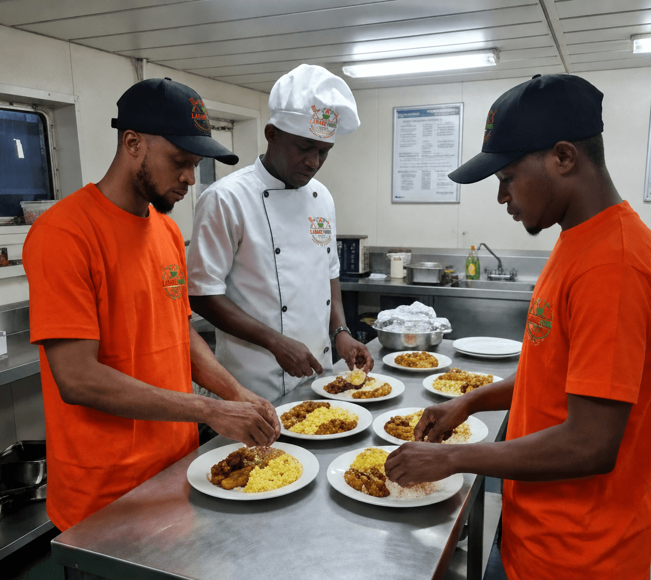 Labake Foods kitchen team dishing out meals at a buffet