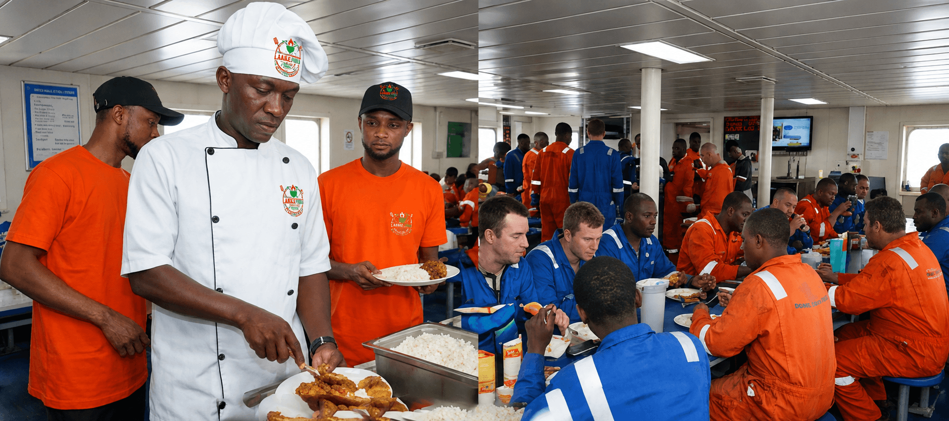 Labake Foods team serving meals in a galley