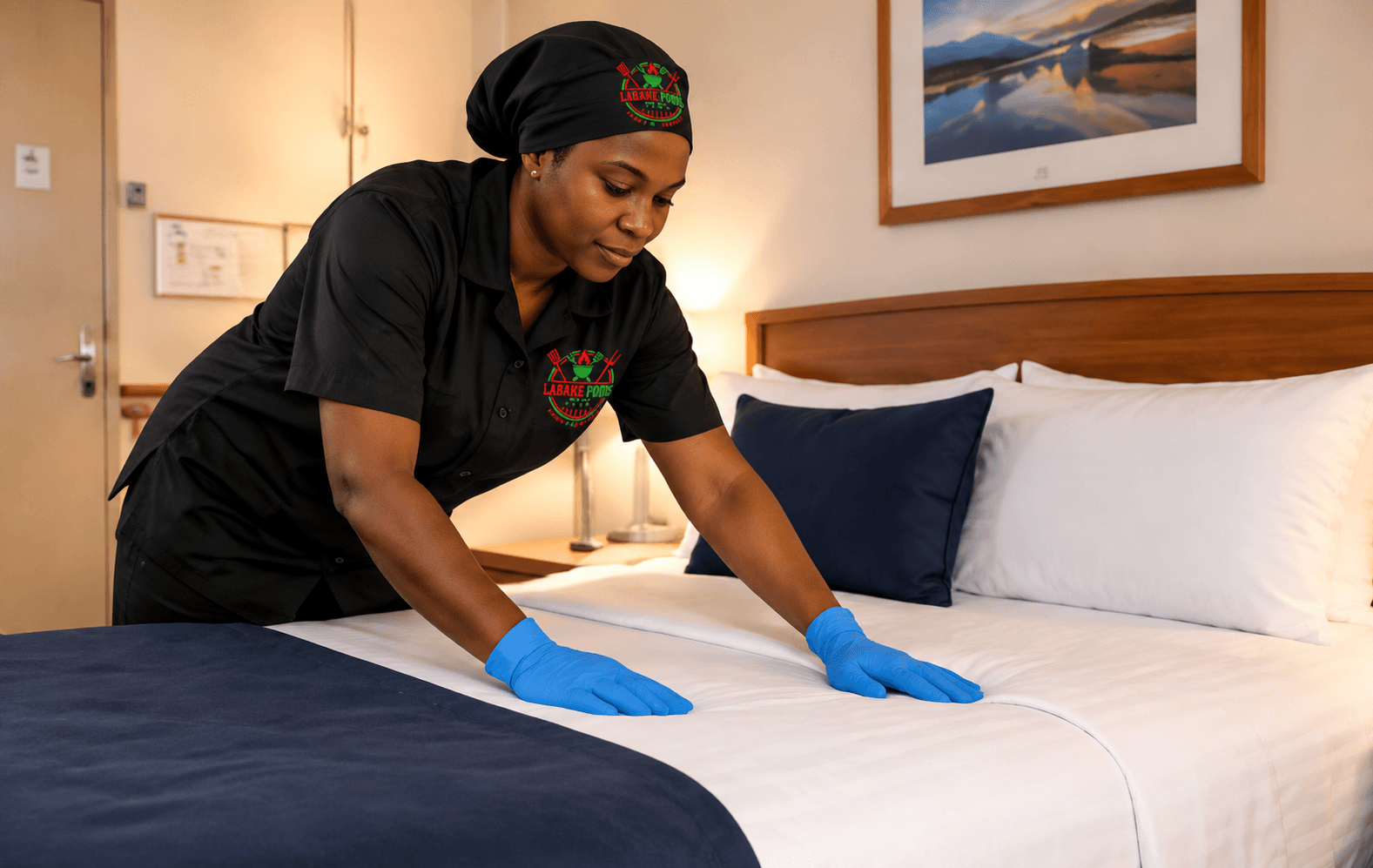 A Labake Foods cleaner arranging a rig accommodation module