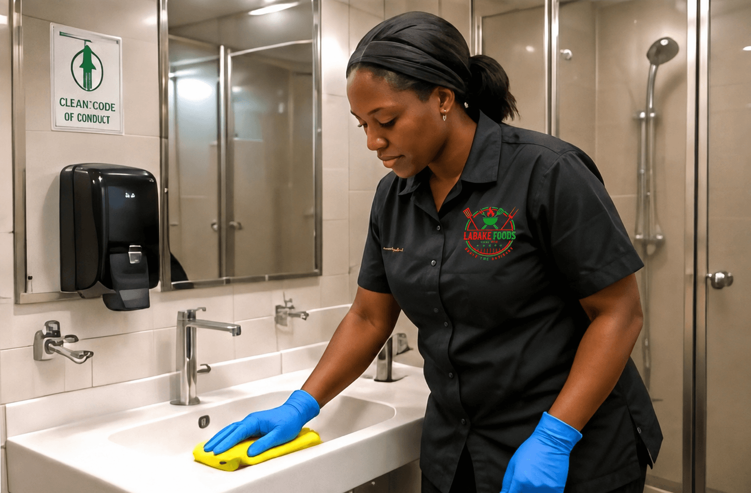 A Labake Foods cleaner servicing a rig bathroom