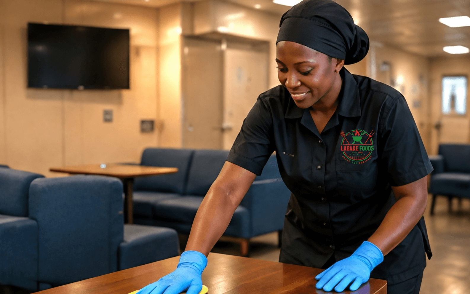 A Labake Foods janitor cleaning a mess room