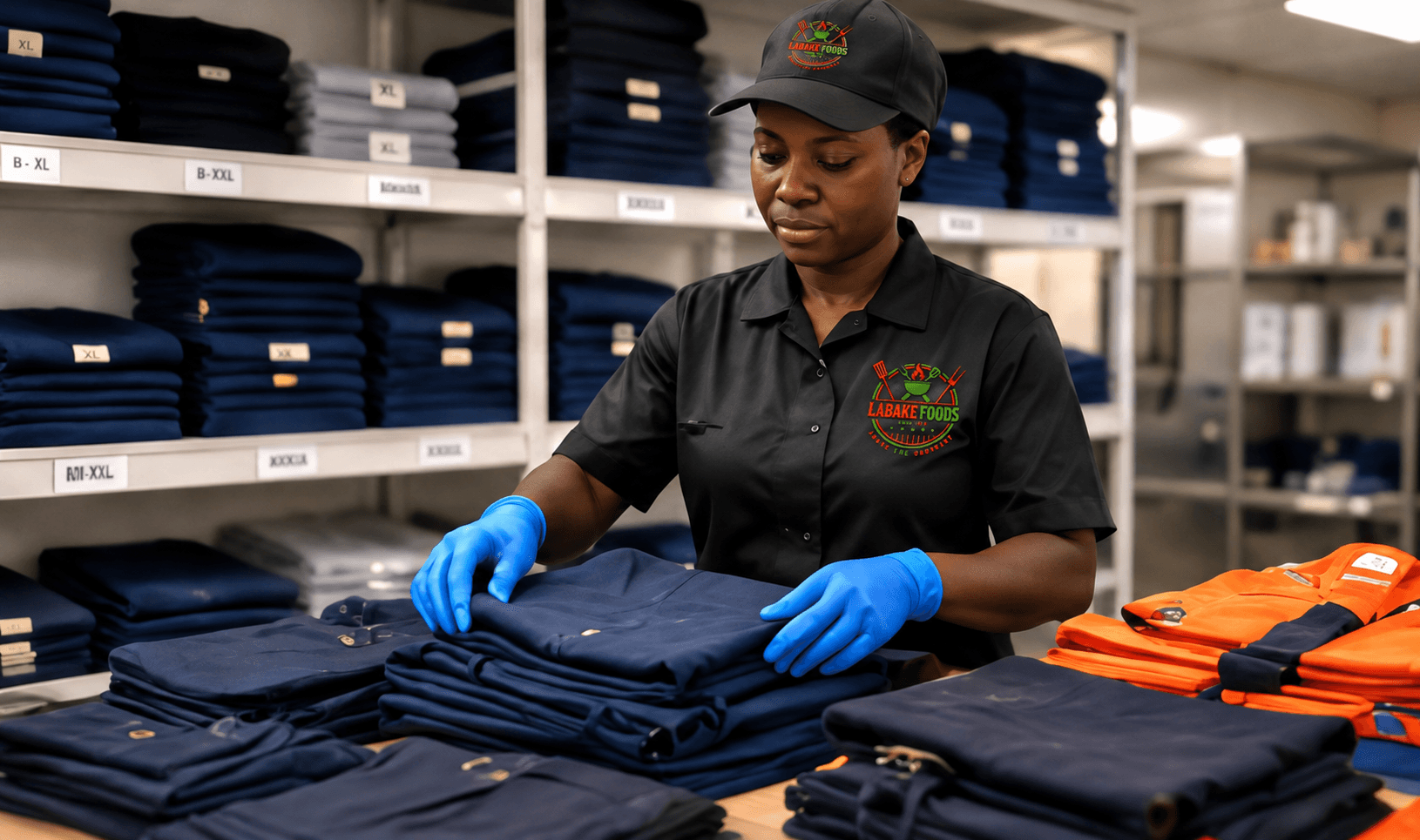 A Labake Foods laundry attendant folding clothes on a rig