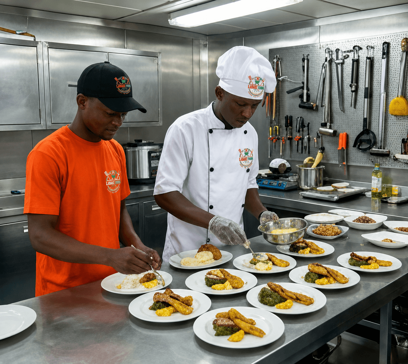 Labake Foods kitchen team plating meals during a shift service