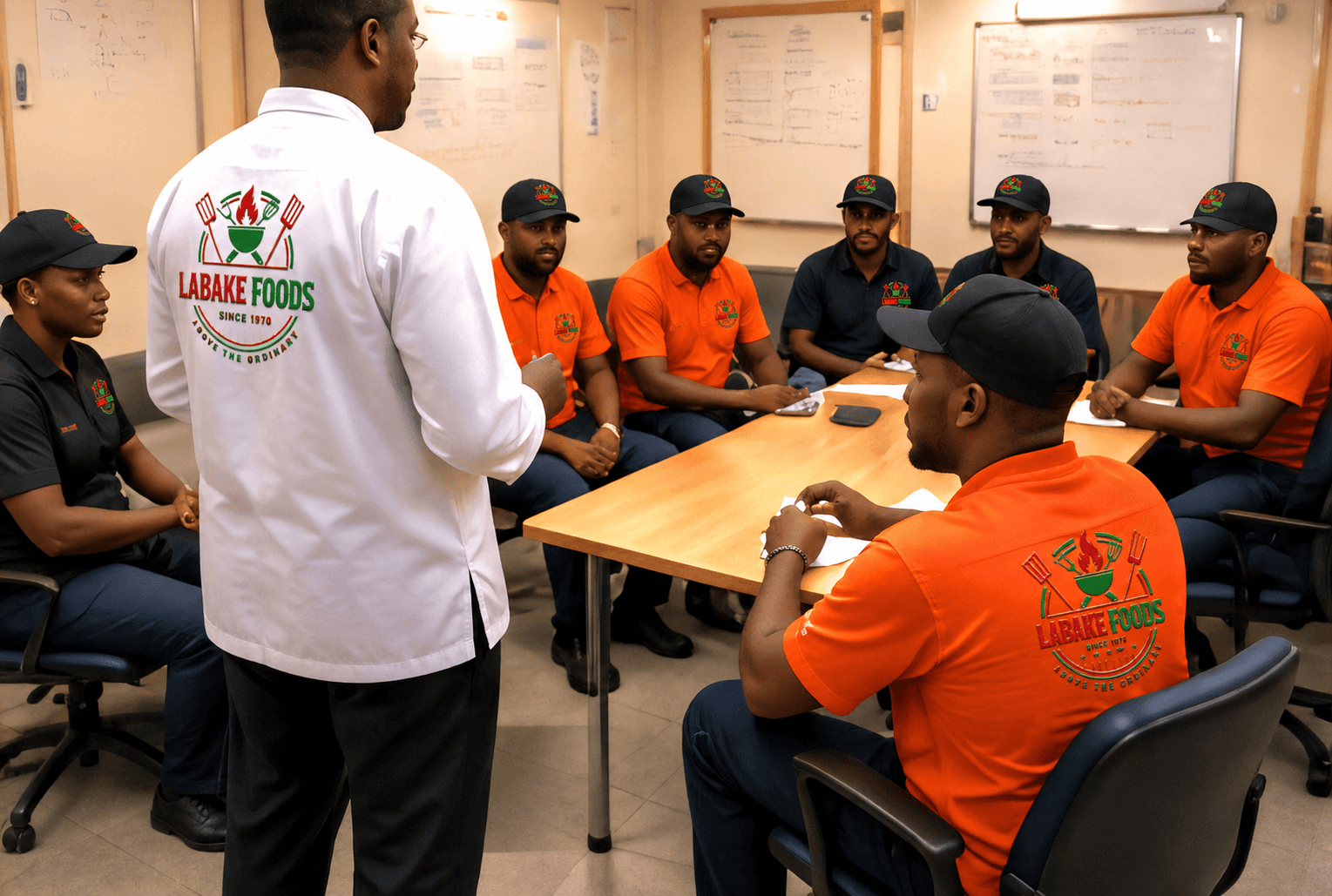 A Labake Foods camp boss delivering a safety briefing to crew on a rig