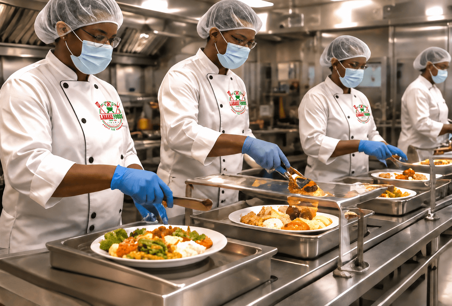 Labake Foods chefs plating meals on a quality-controlled prep line